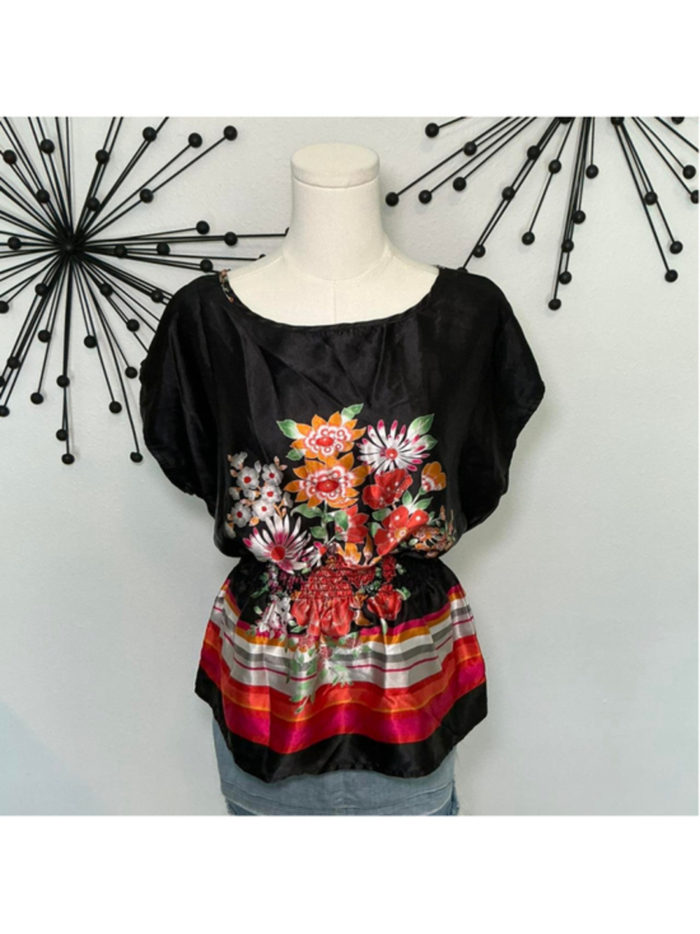 Speechless Black Floral Satin Blouse Size Medium